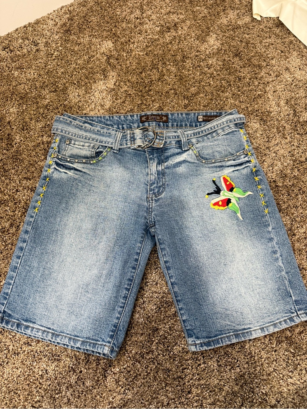 Ladies Light Blue Denim Bermuda Shorts with Embroidered Butterfly